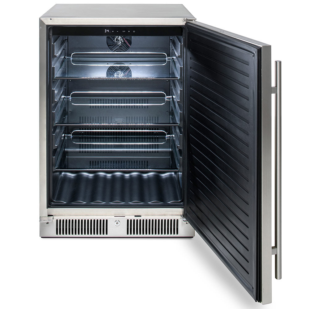 Outdoor refrigerator with door open, black louvered panel, and removable interior shelves