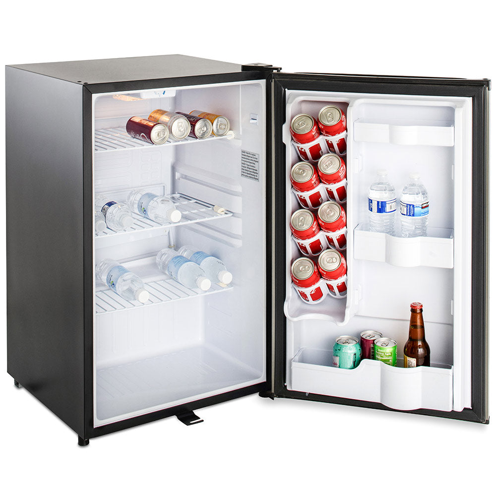 Compact stainless steel refrigerator with open door, bins and interior shelves