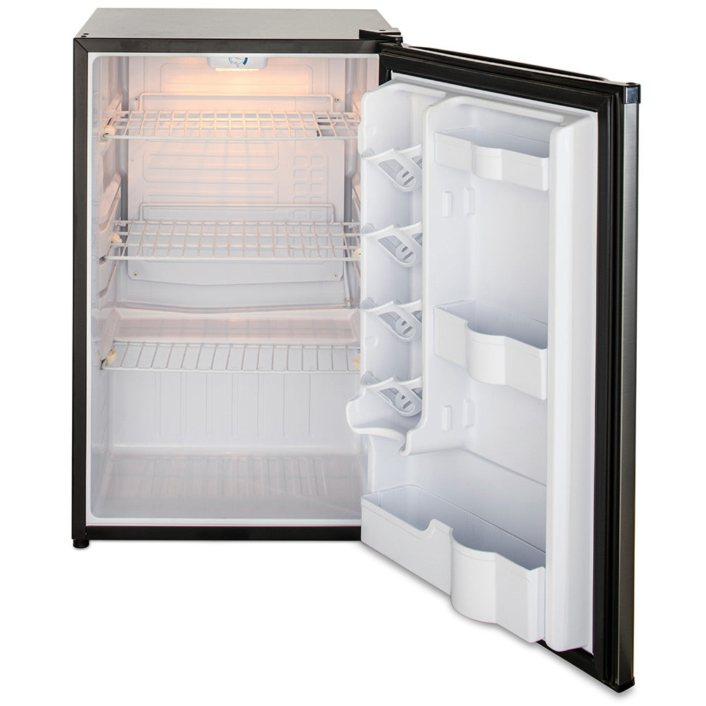 Compact stainless steel refrigerator interior with shelves and door storage compartments