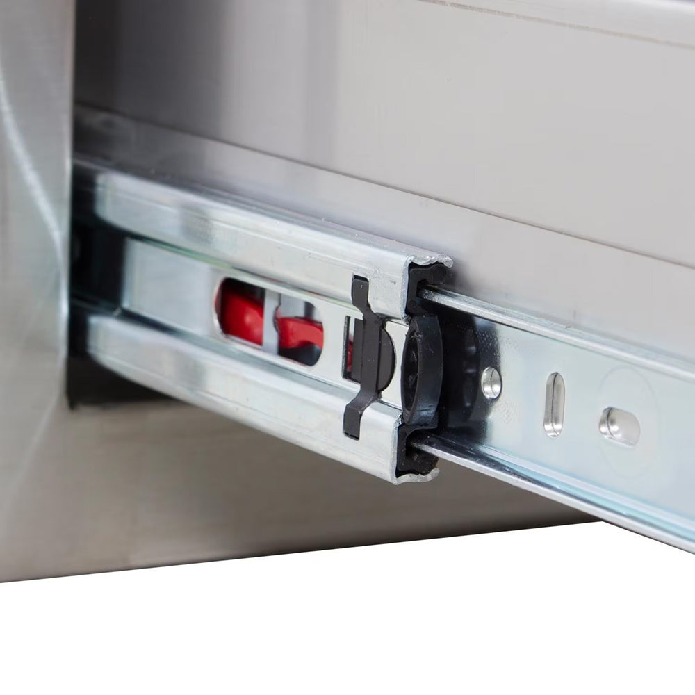 Narrow trash drawer latch and pull hardware with red and black parts