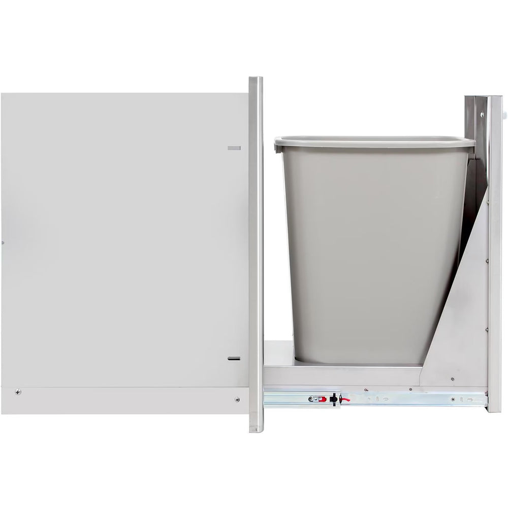 Trash storage drawer cabinet open to show white bin and slide rails