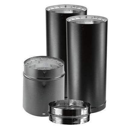 Adjustable rigid stove pipe sections, dark metal with silver flared ends
