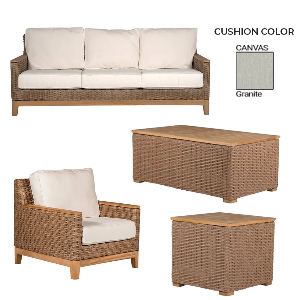 4-piece outdoor furniture set: honey wicker sofa, armchair, and two tables; light-gray cushions