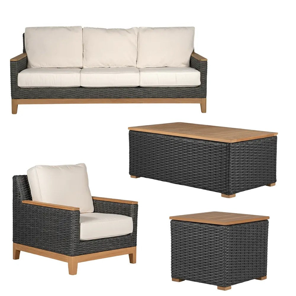 Outdoor 4-piece furniture set with charcoal woven sofa, white cushions, and wood-top tables