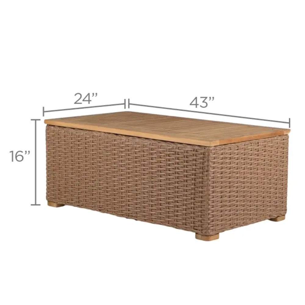 Outdoor rectangular coffee table with tan woven base and light wood tabletop
