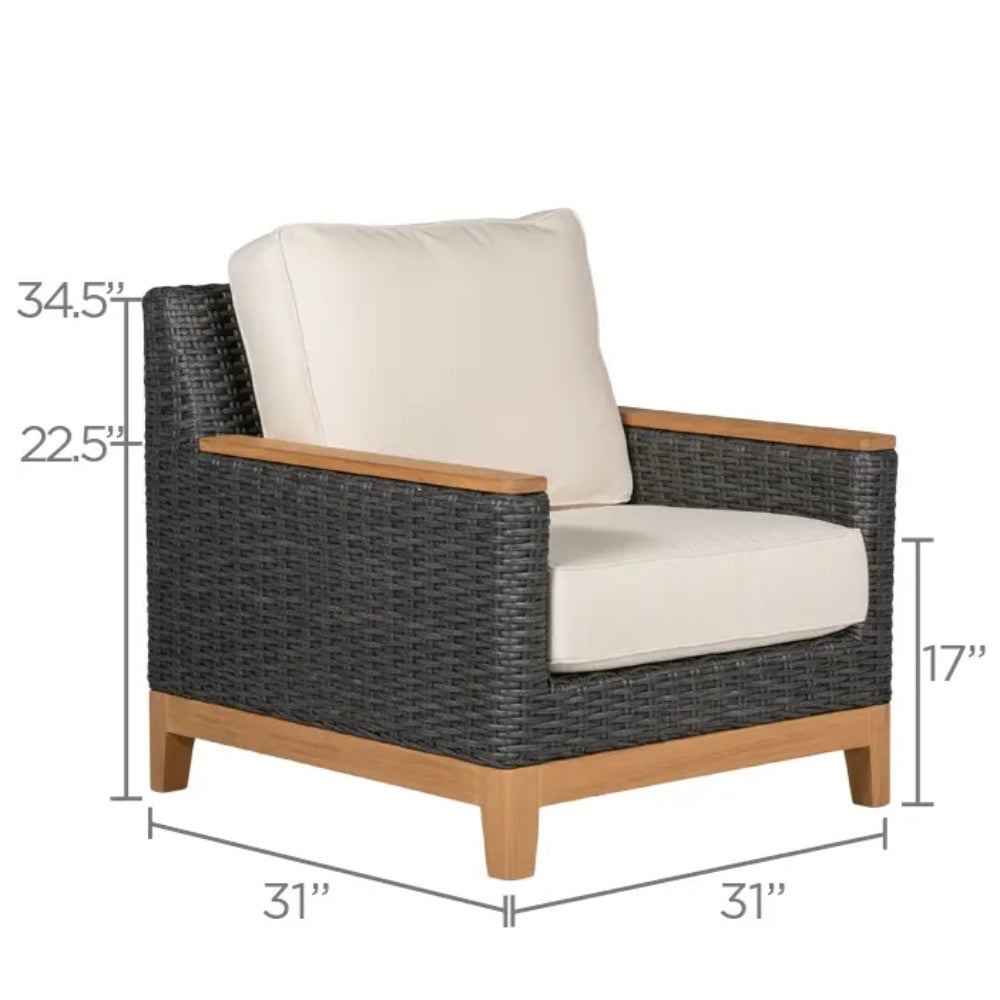 Outdoor armchair with white cushion and dark woven sides with wood legs