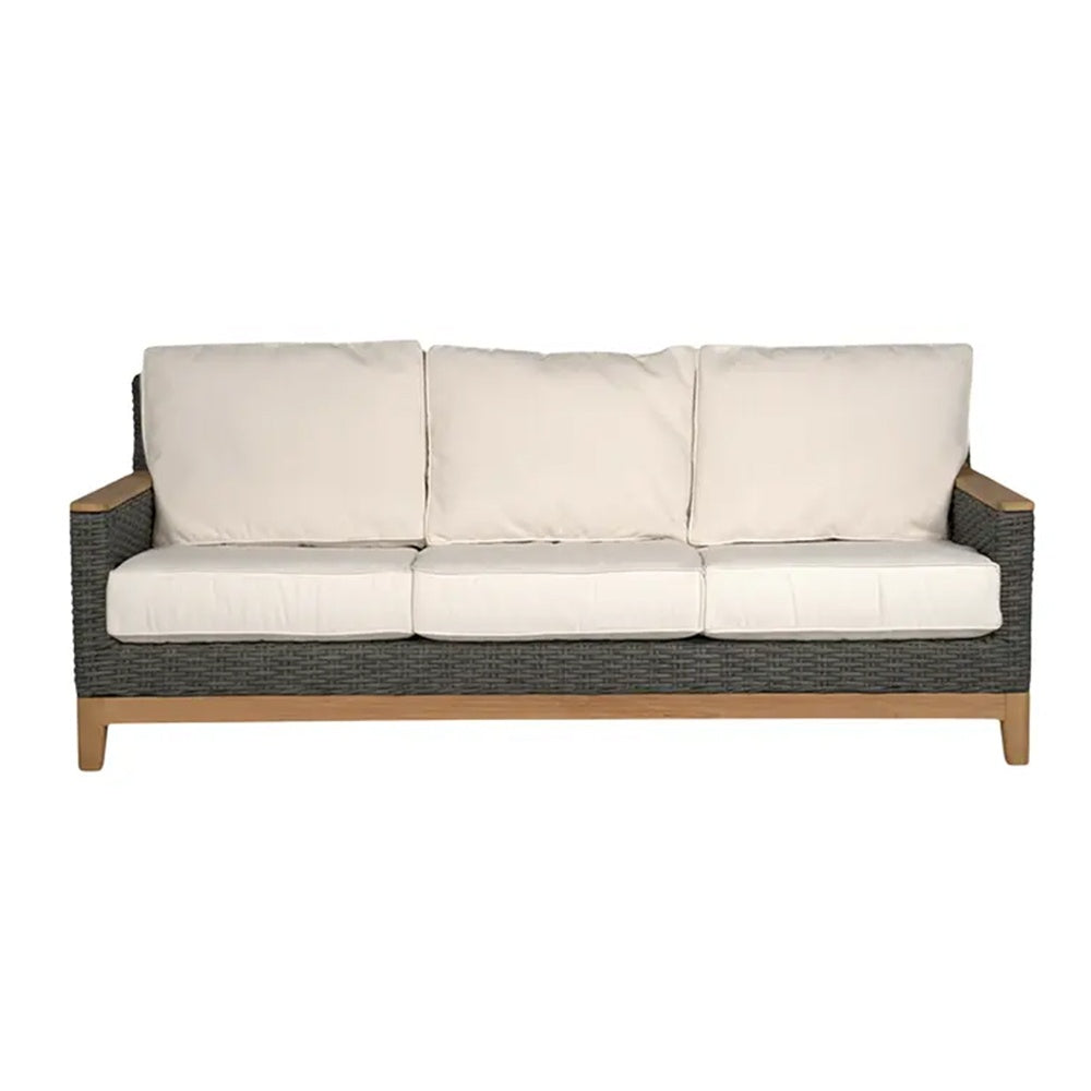 Boca sofa with charcoal wicker frame and light beige cushion set, front view