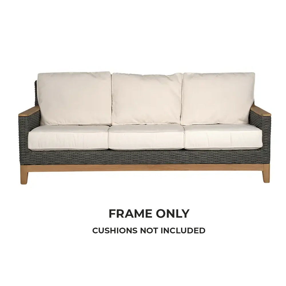 Outdoor sofa frame only with dark woven arms and teak legs