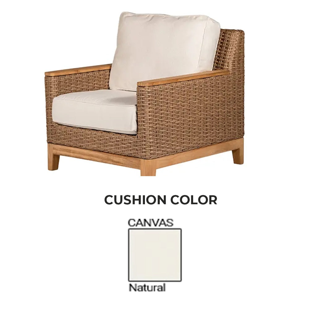 Royal Teak Boca club chair with honey wicker frame and natural cushions