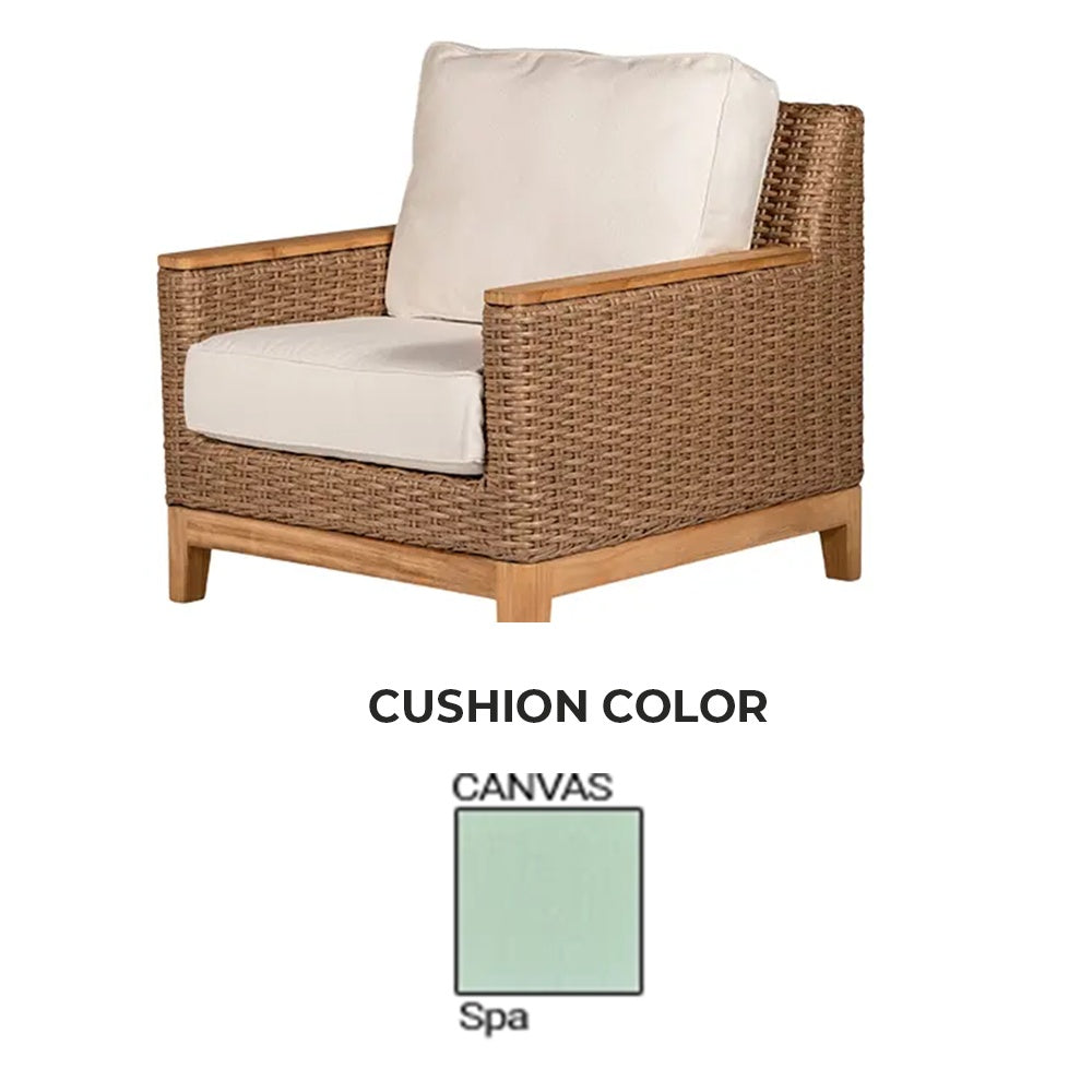 Honey woven club chair with square arms and light beige seat and back cushions