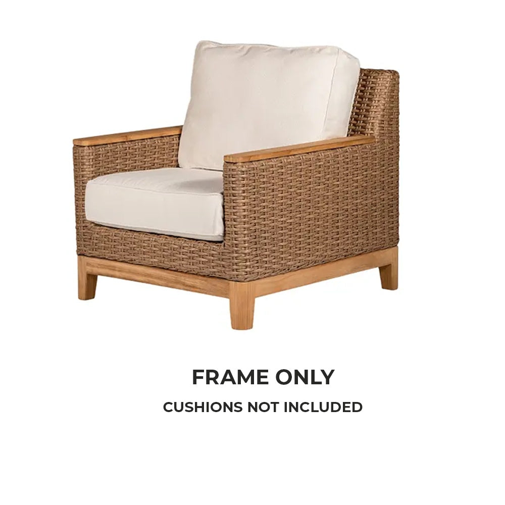 Honey woven club chair with square arms and light beige seat and back cushions, frame only