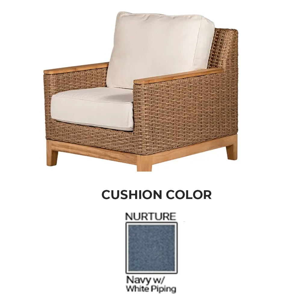 Honey woven club chair with square arms and light beige seat and back cushions