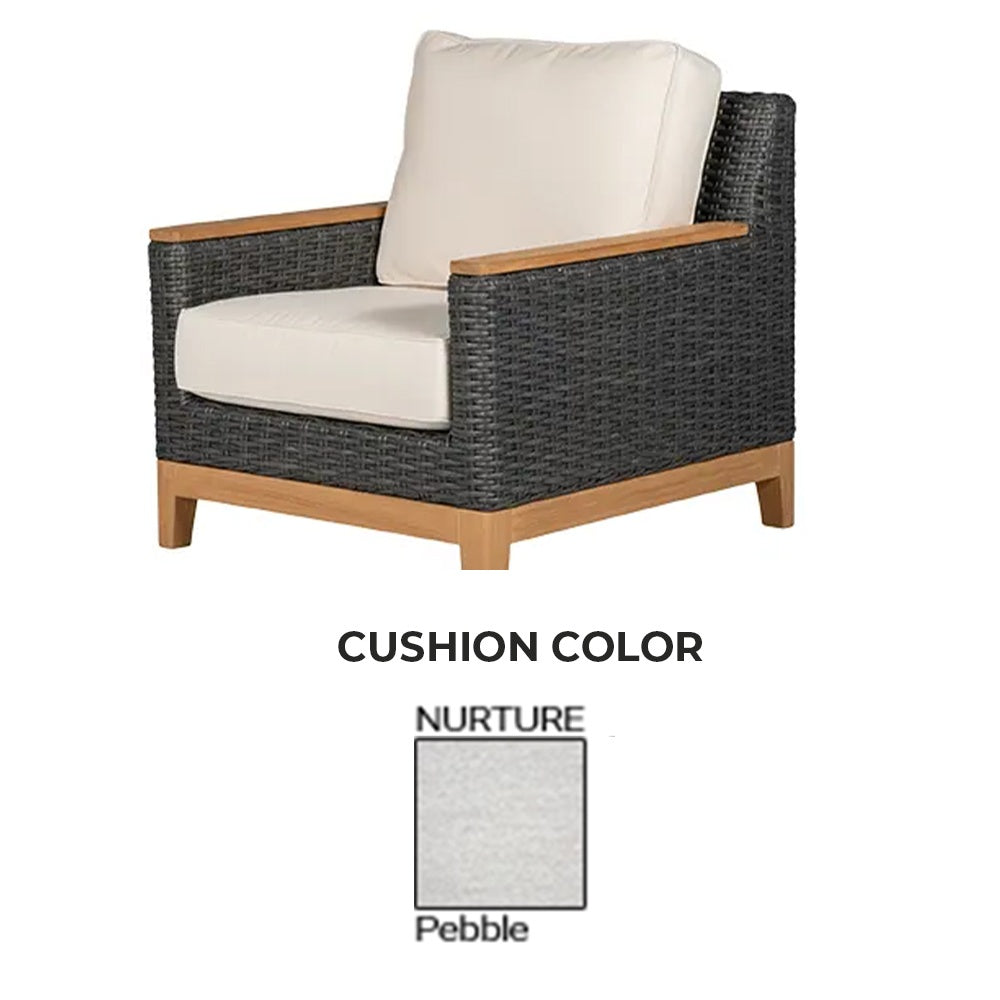 Charcoal woven club chair with square arms and light beige seat and back cushions