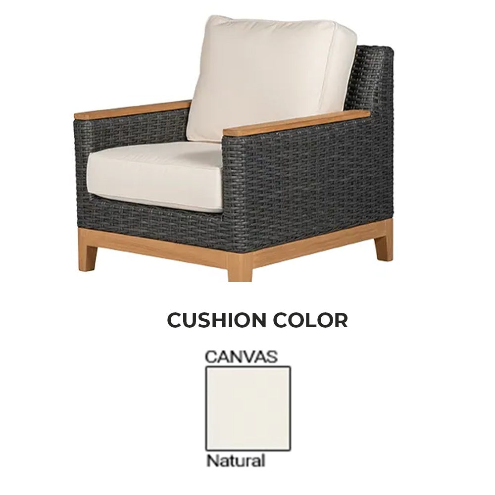 Charcoal woven club chair with square arms and light beige seat and back cushions