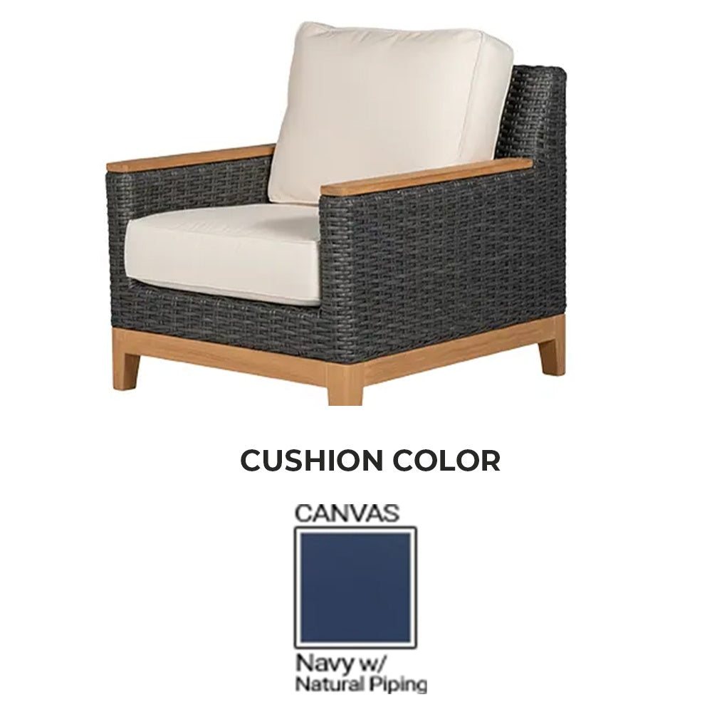 Charcoal woven club chair with square arms and light beige seat and back cushions