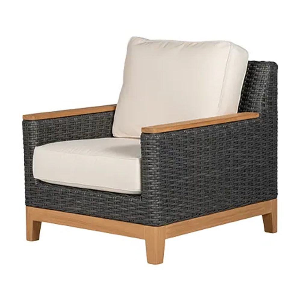 Outdoor club chair with dark charcoal woven frame and cream cushion