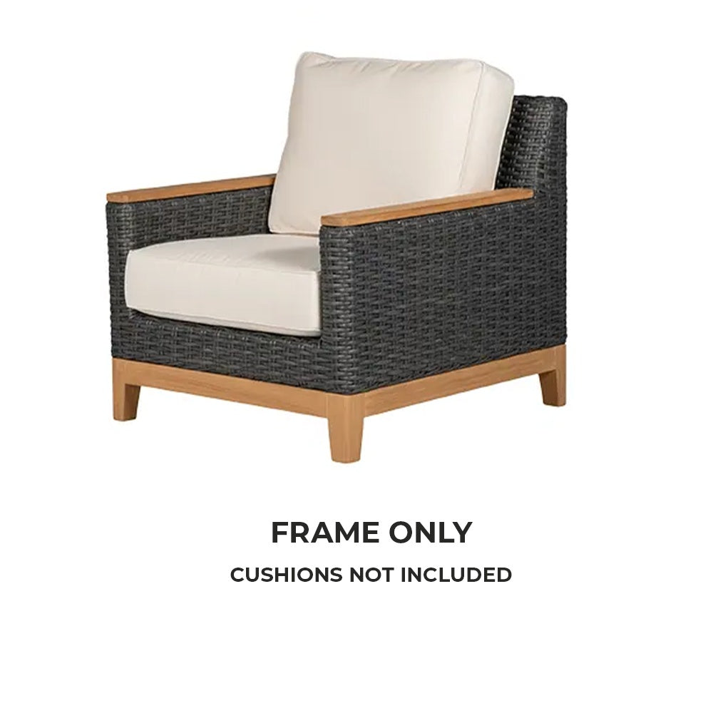 Boca club chair frame with charcoal wicker arms and backrest, teak legs, no cushions