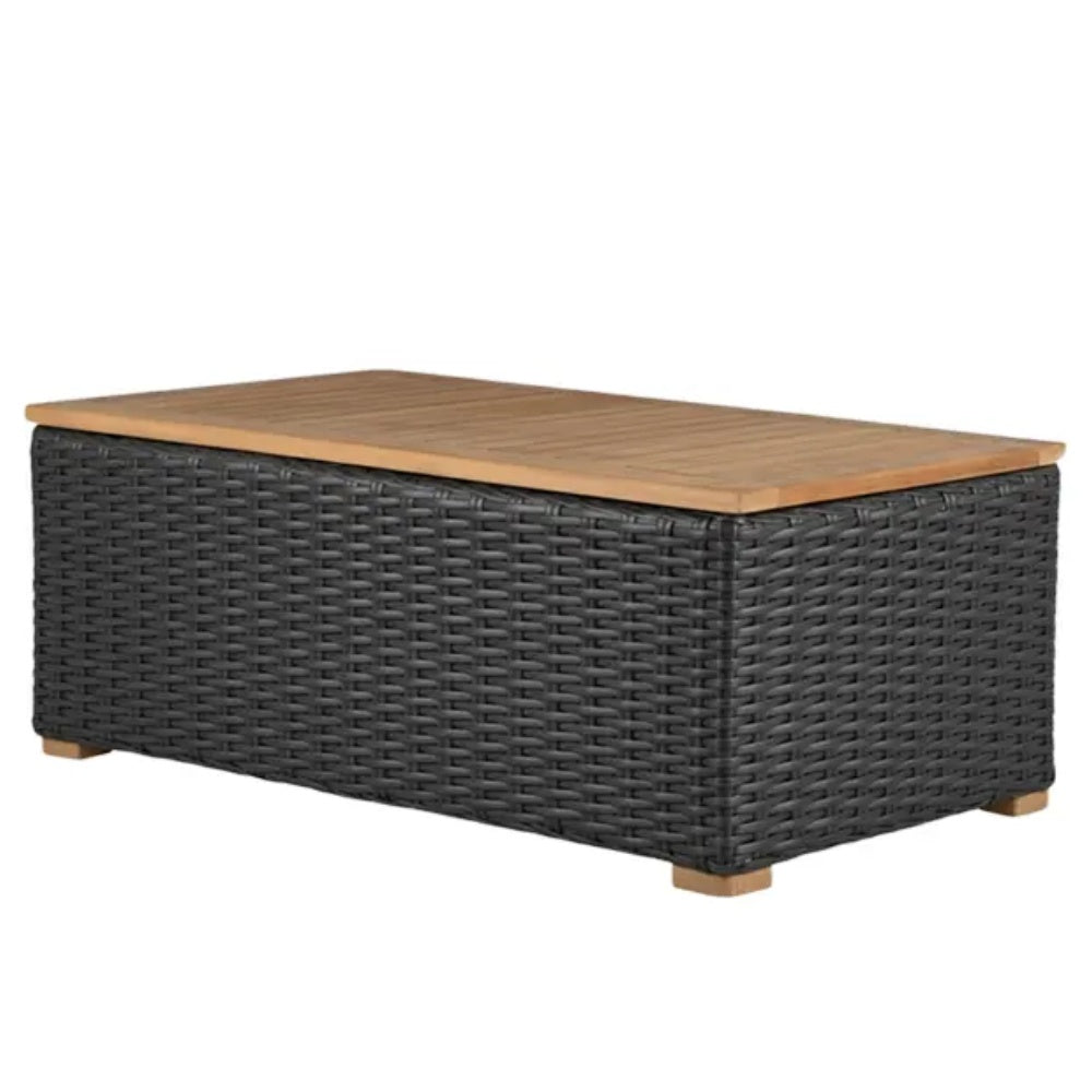 Charcoal woven wicker coffee table with light wood rectangular top and tapered legs