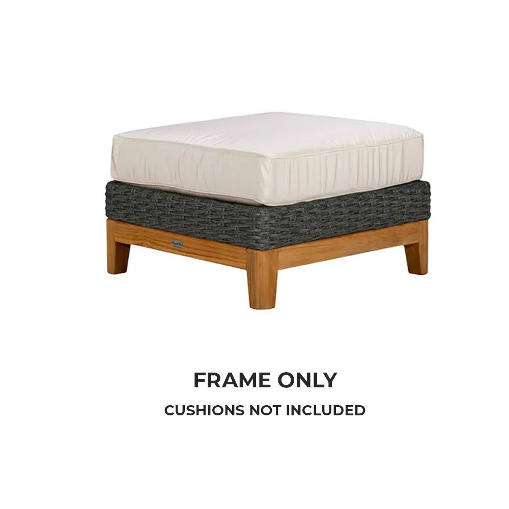 Boca outdoor ottoman with dark wicker base and light upholstered cushion top