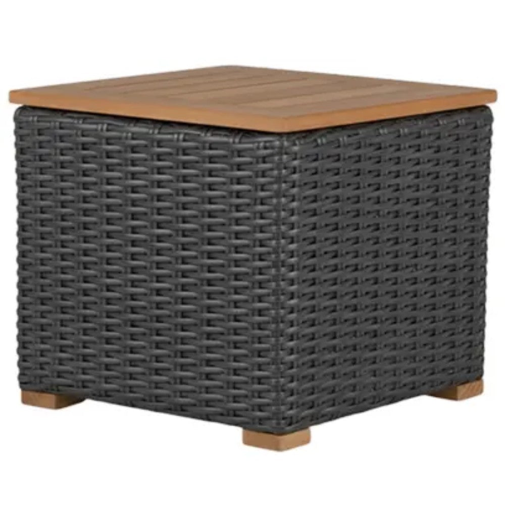 Charcoal woven side table with light wood slatted top and corner legs
