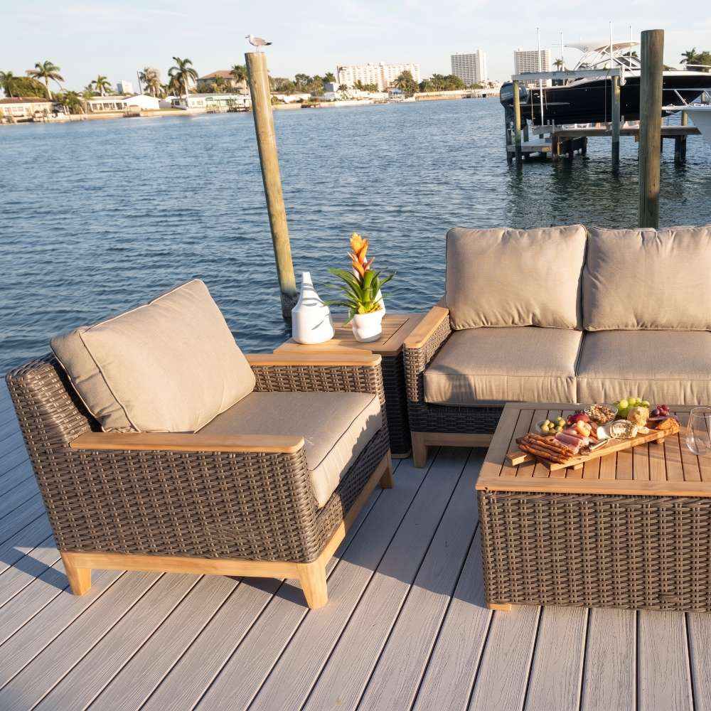 Wicker side table with light wood slatted top and dark woven base