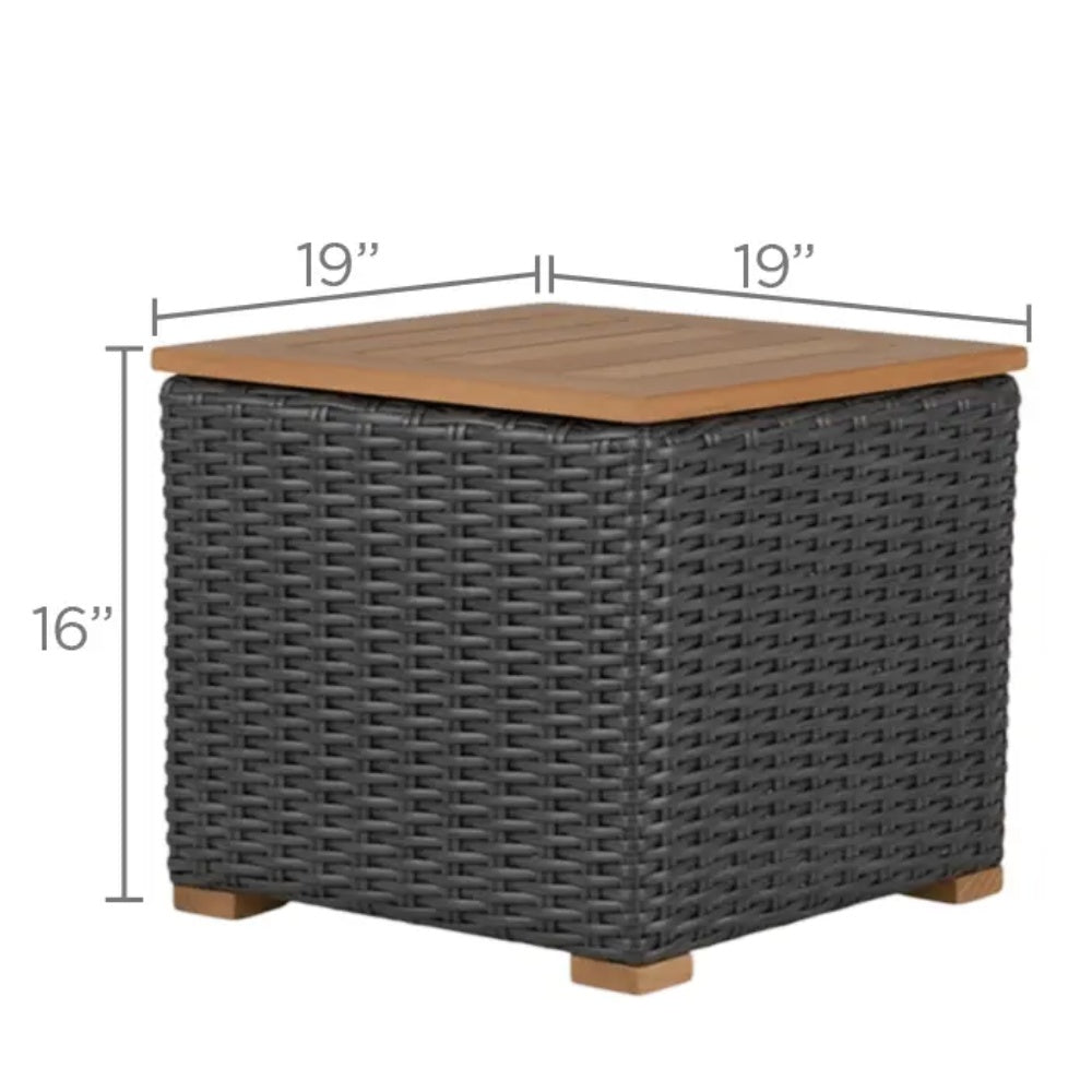 Charcoal woven side table, 19 in x 16 in, with wood slatted top
