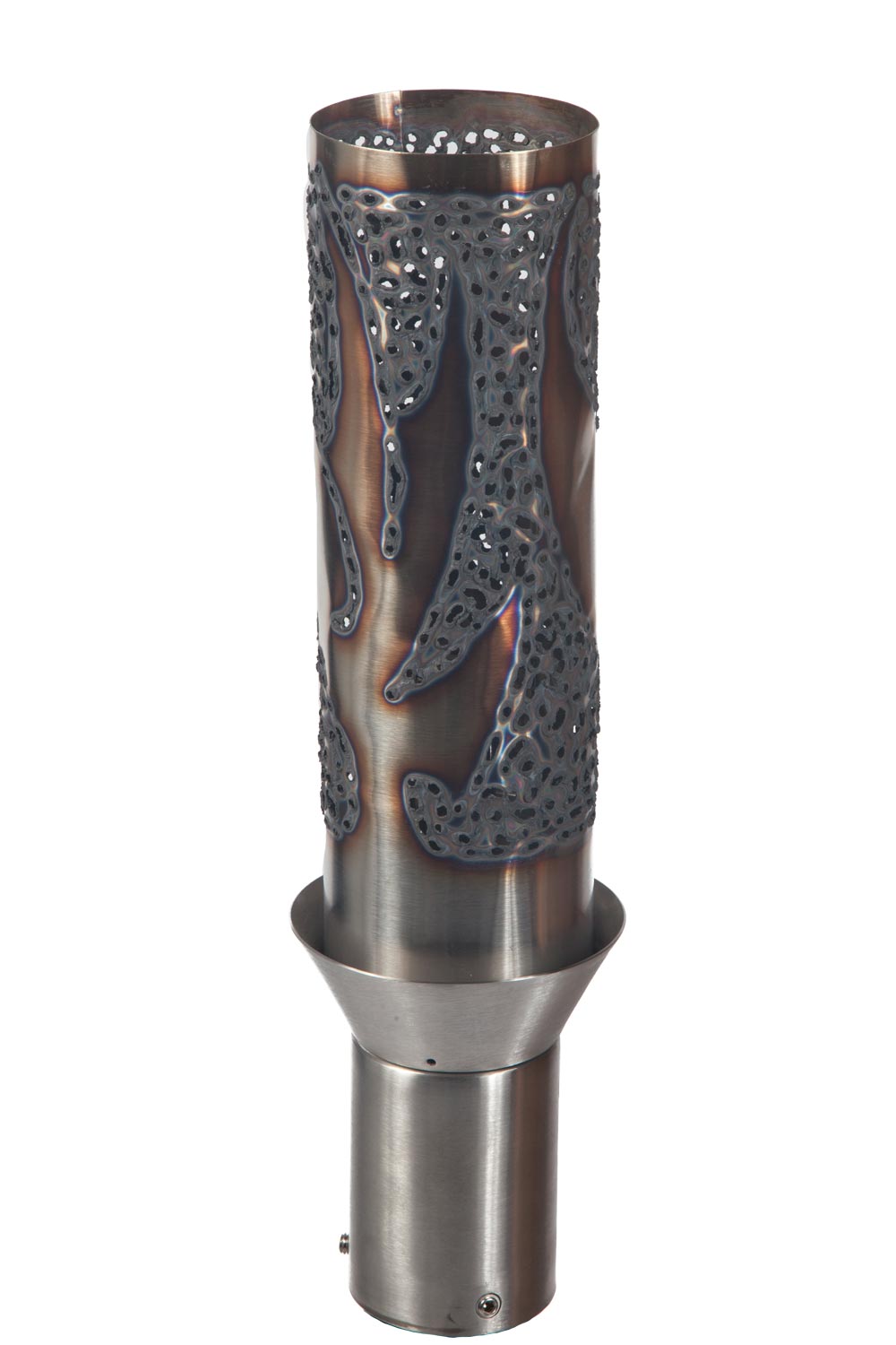 Decorative gas torch head with black powder-coated pole and textured metal sleeve
