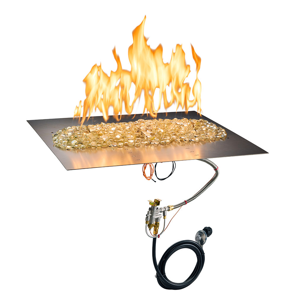 Gas fire pit burner plate with crystal media and flames, spark ignition gas hose attached