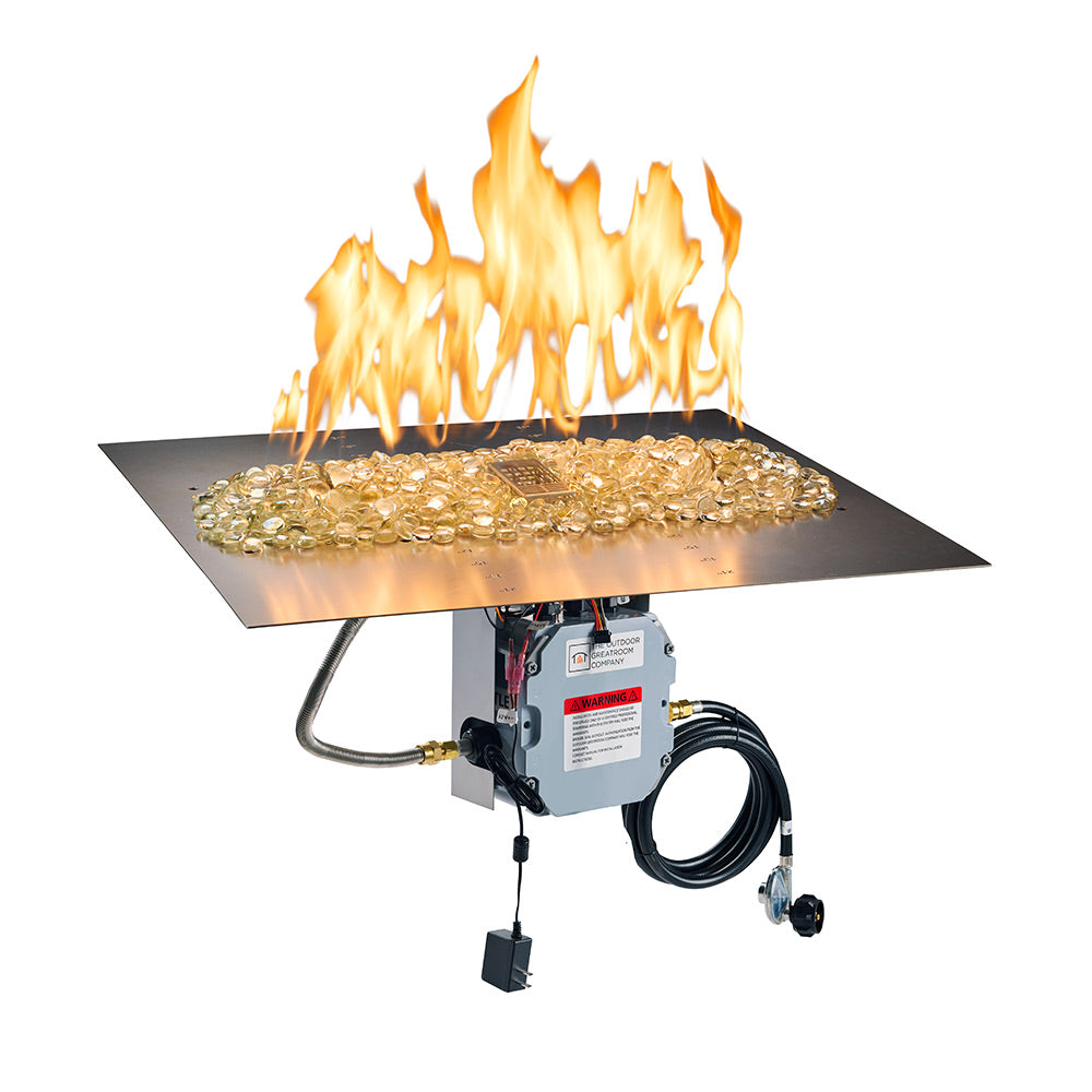Linear gas fire burner plate with flames over clear crystal media and control box