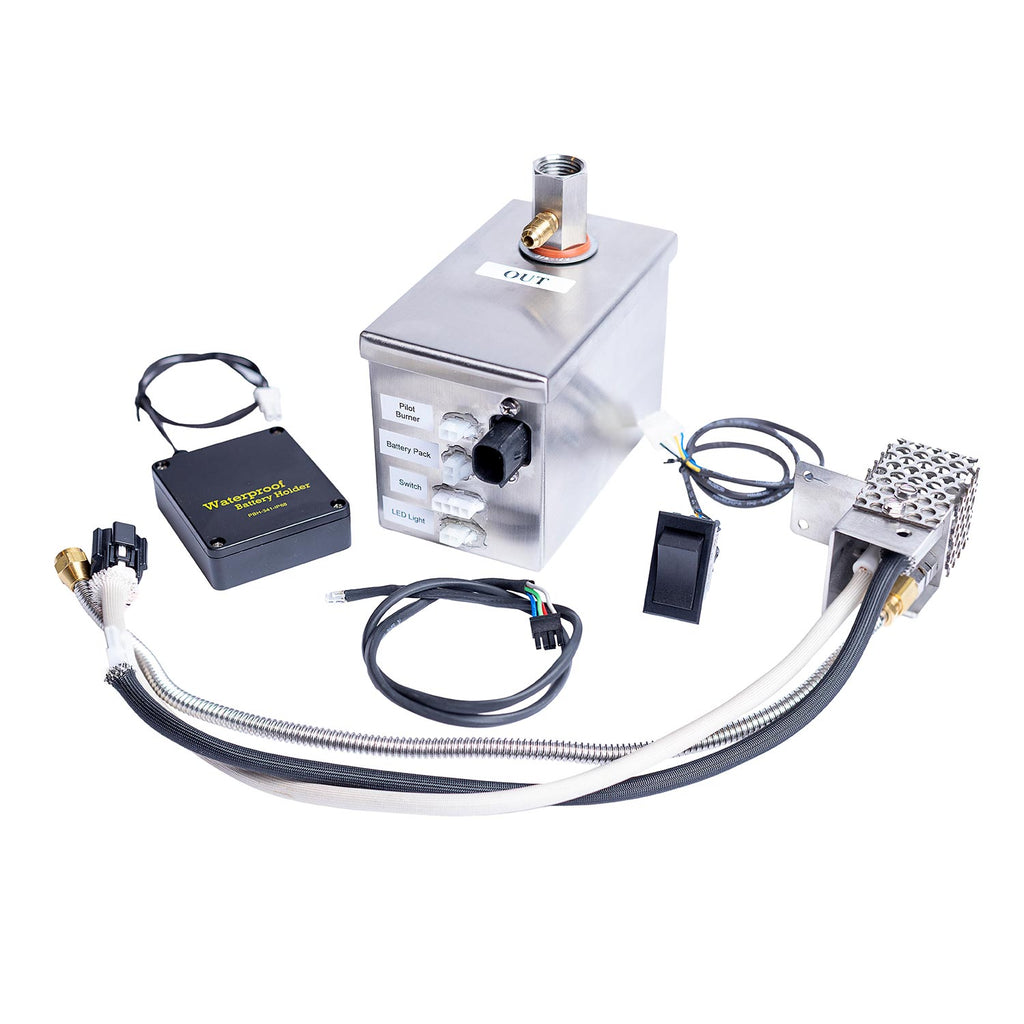 Battery-powered ignition system kit with control box, wires, and spark igniter