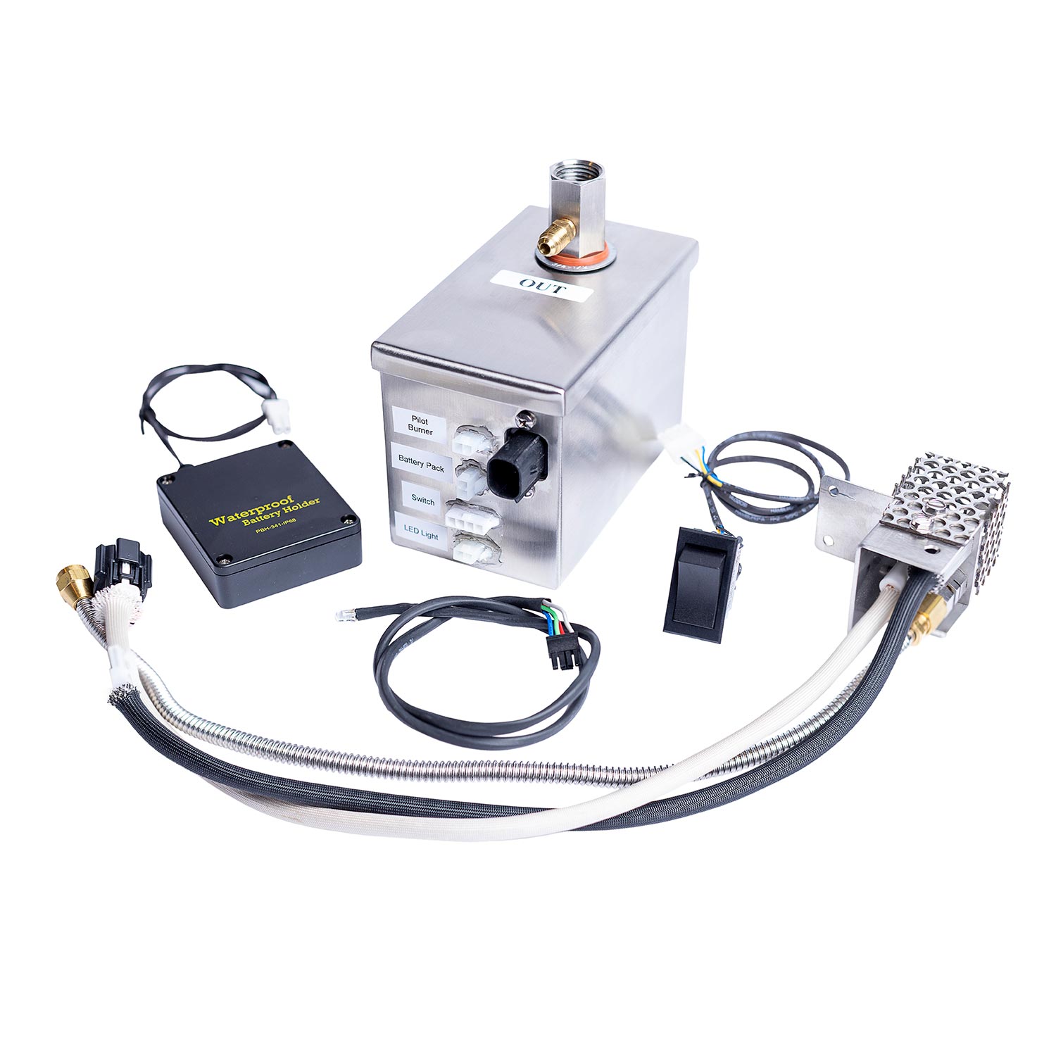 Battery-powered ignition system kit with control box, wires, and spark igniter