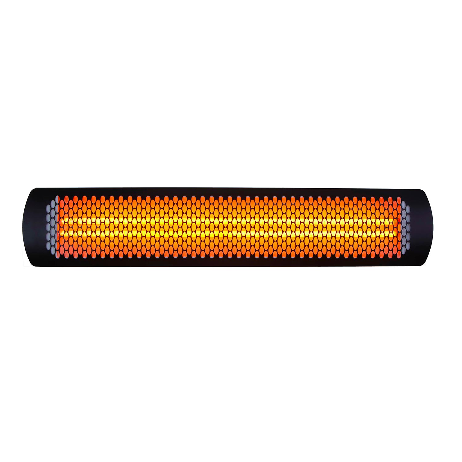 Black electric heater with glowing orange tungsten element inside cylindrical casing