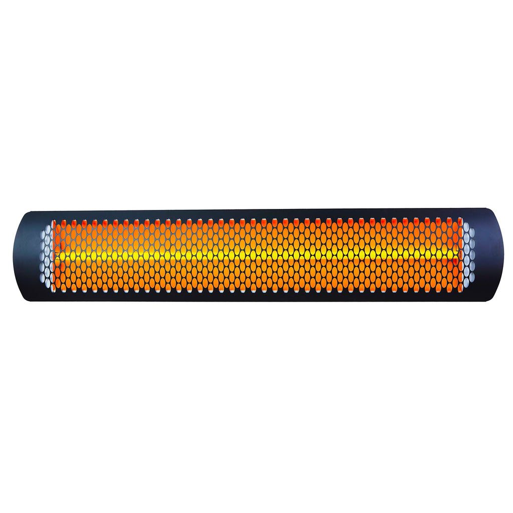 Black electric patio heater with glowing tungsten heating element