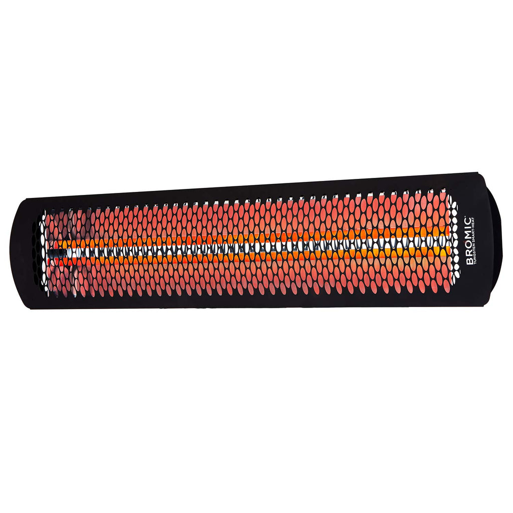 Black electric heater bar close-up with glowing tungsten elements and Bromic logo on housing