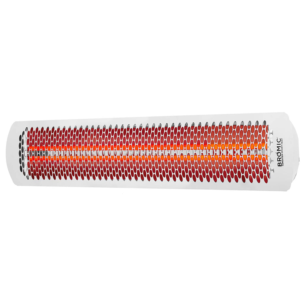Electric heater with white housing and red tungsten heating element, Bromic