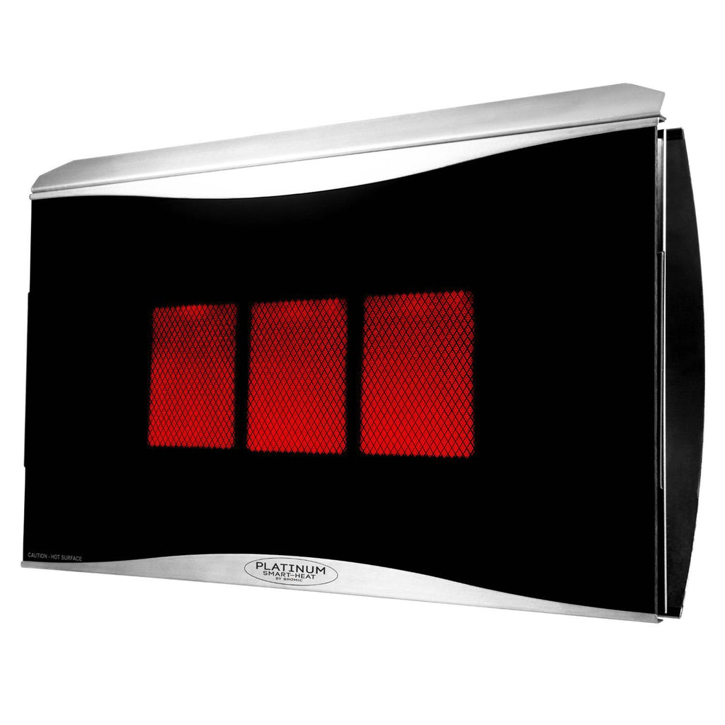 Radiant gas heater with black housing and three glowing red burner panels