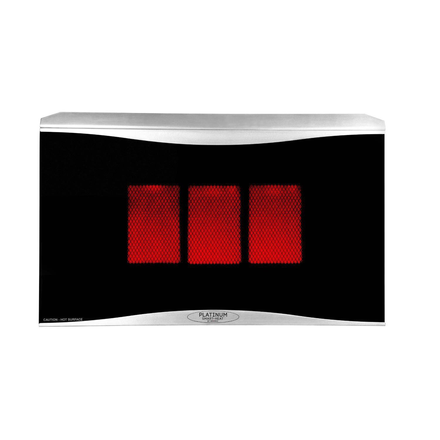 Radiant gas heater with silver top, black front, and three glowing red panels