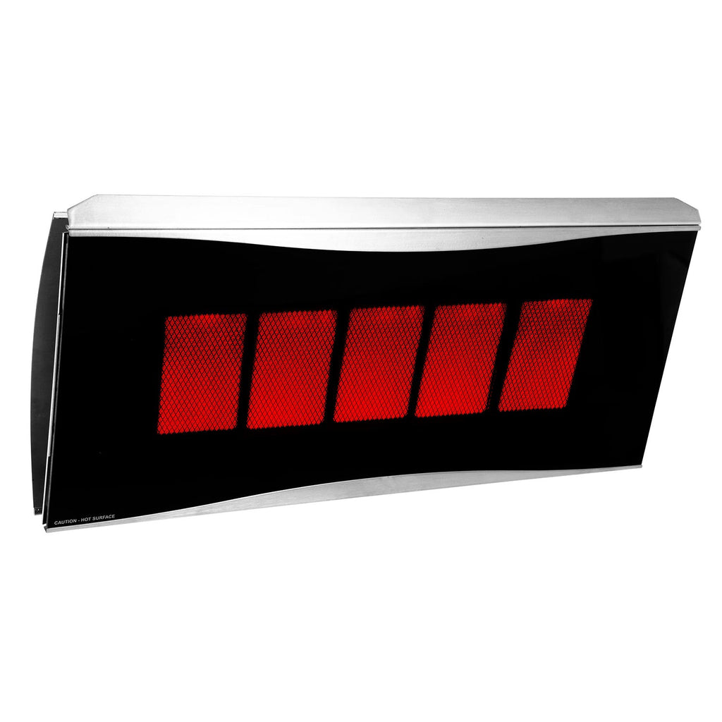 Platinum smart-heat radiant gas heater with black face and five red glowing burners