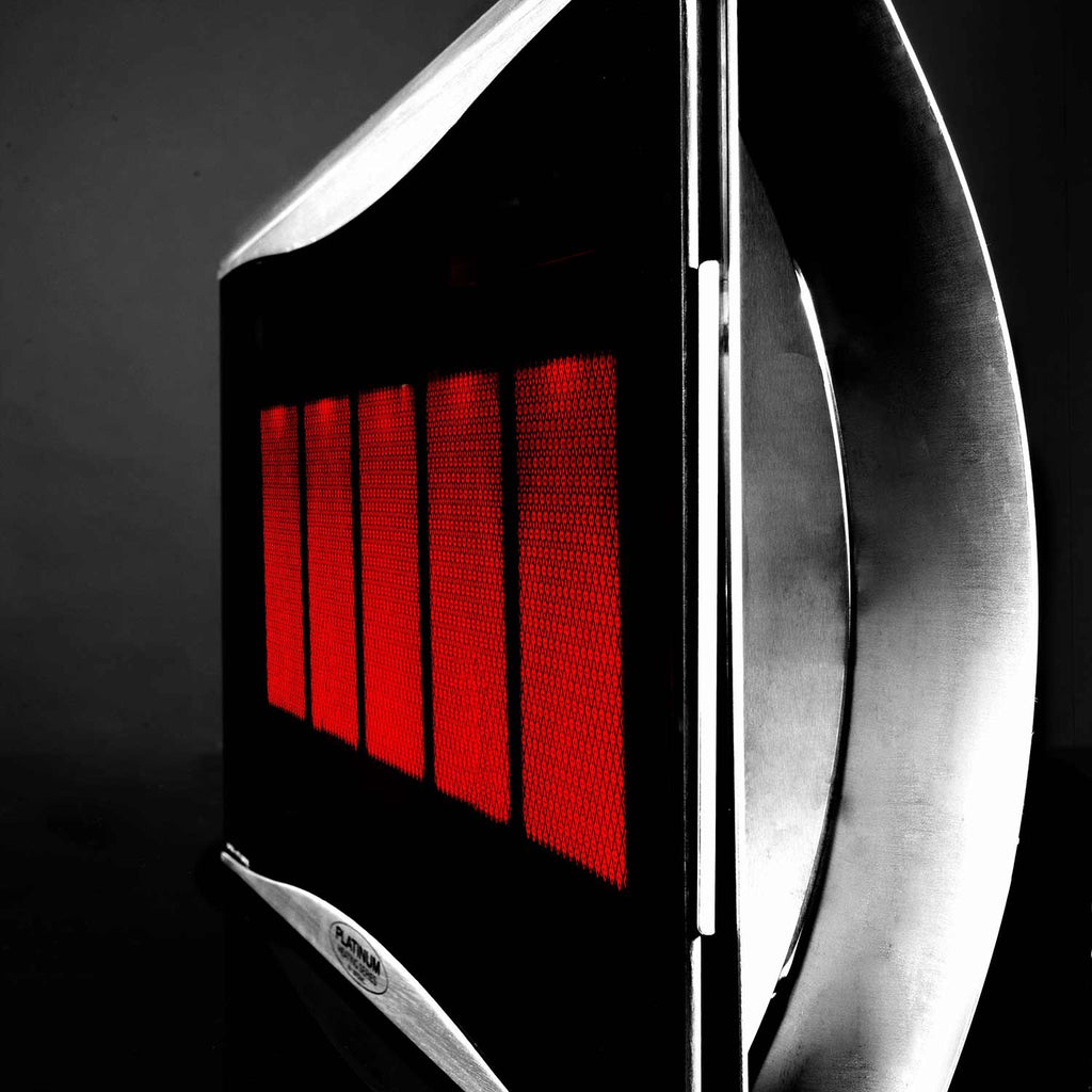 Radiant gas heater side panel with stainless housing and red burner glow through grille