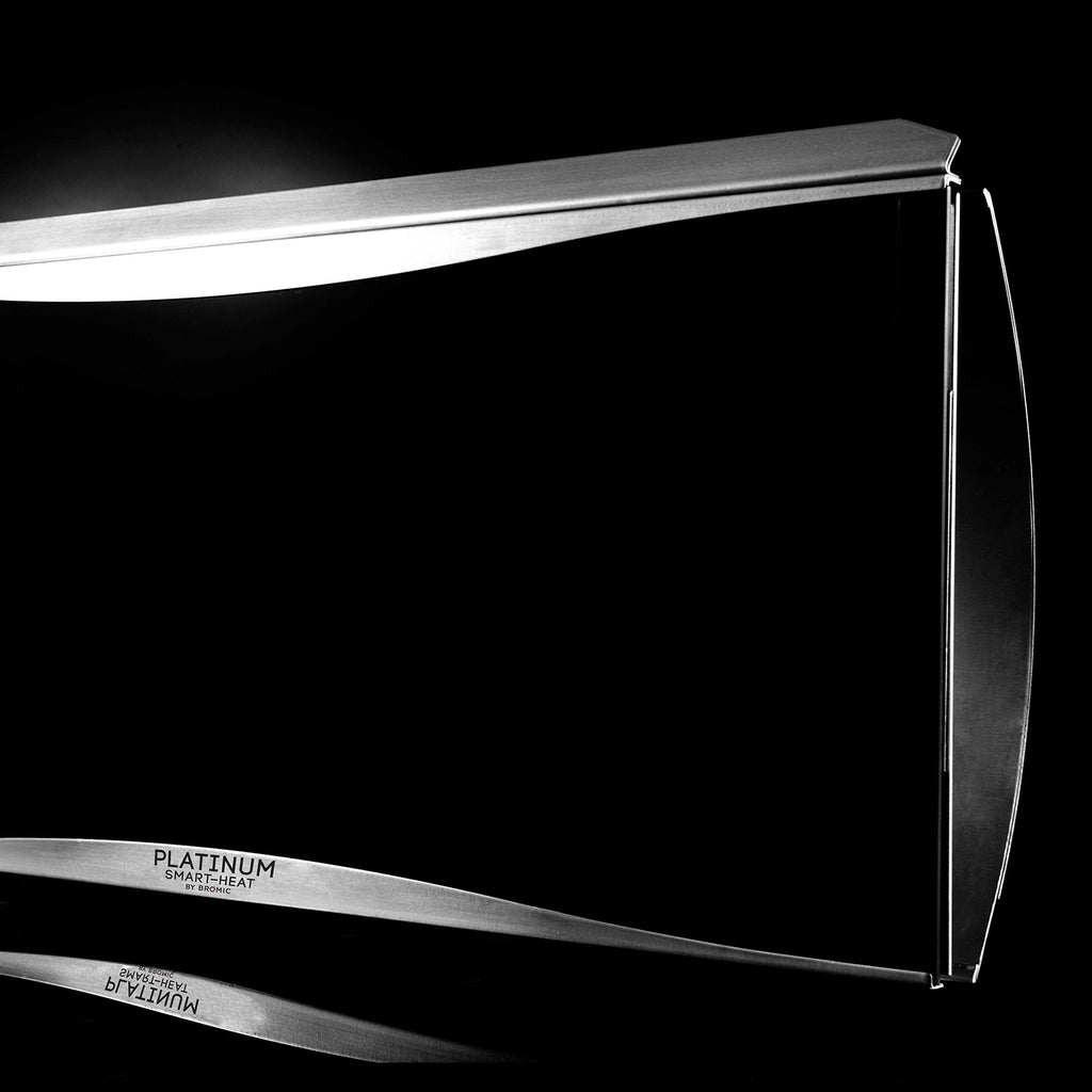 Radiant gas heater with stainless top and black front panel, side view