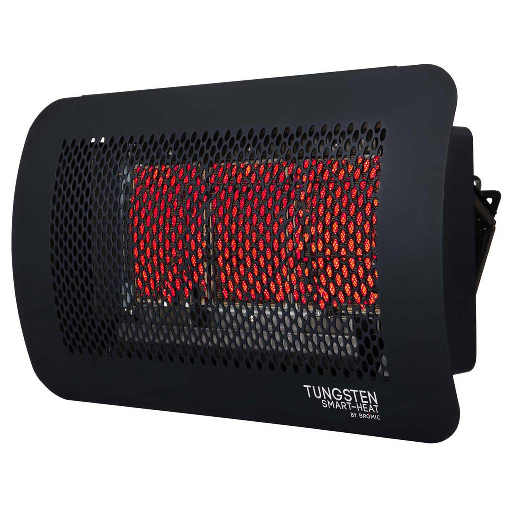 Radiant heater side view with three glowing burner panels in black housing