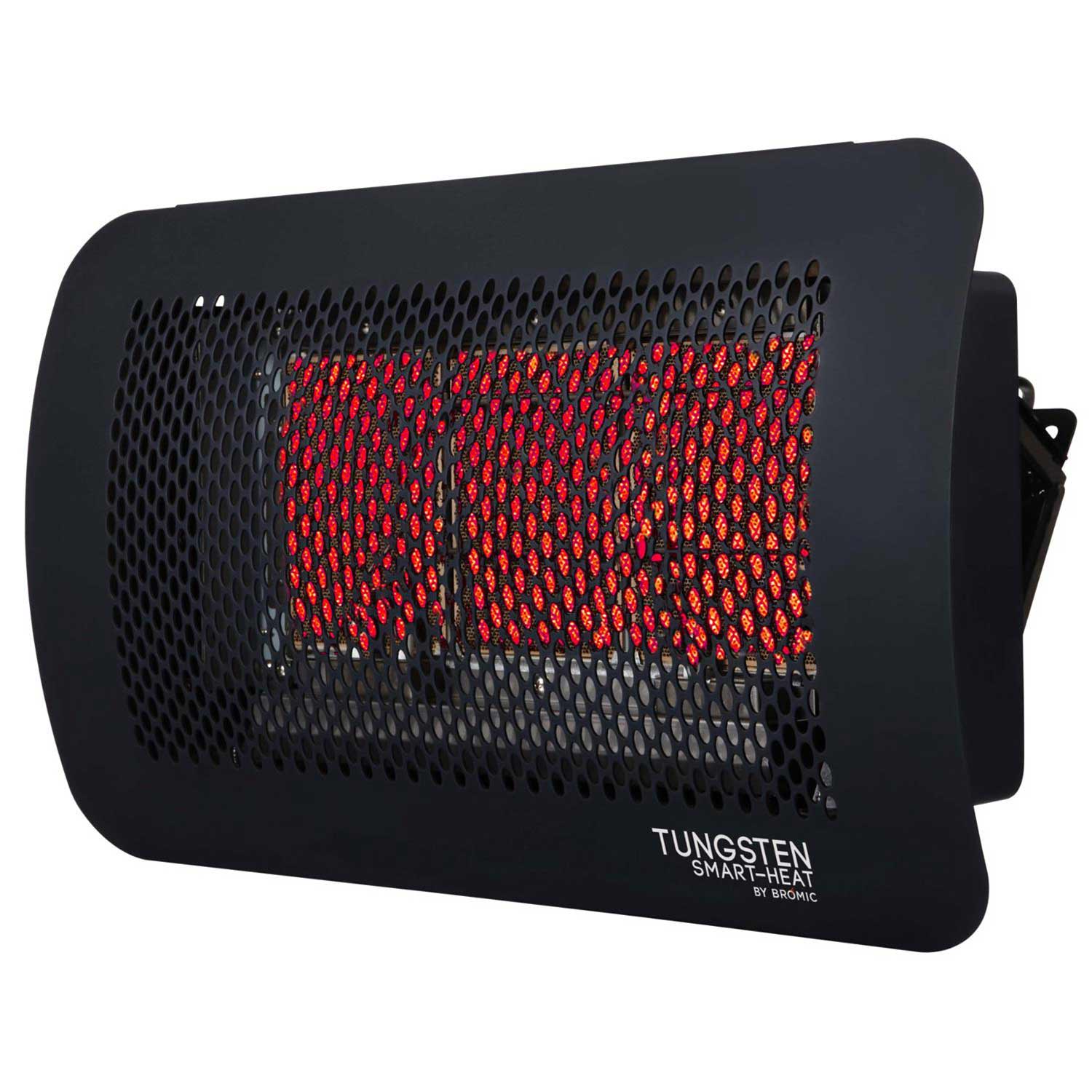 Radiant heater side view with three glowing burner panels in black housing