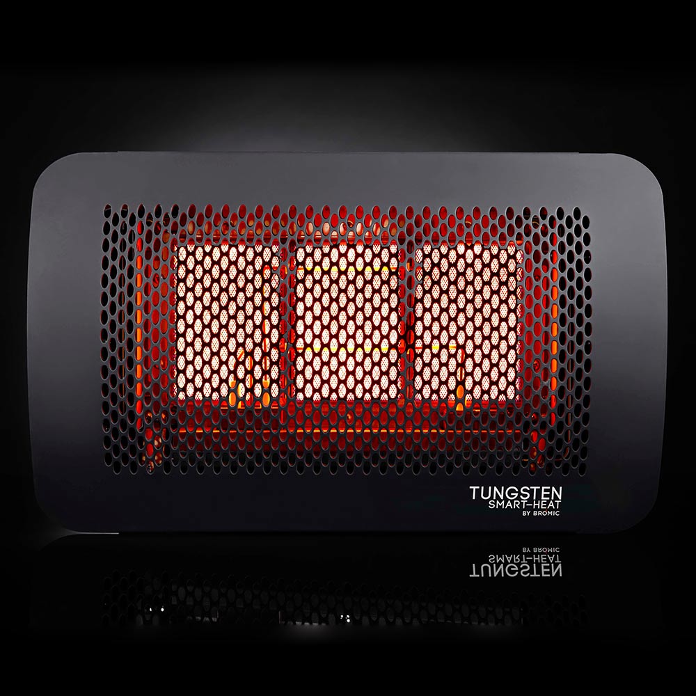 Radiant heater with three illuminated burner panels behind protective mesh grille