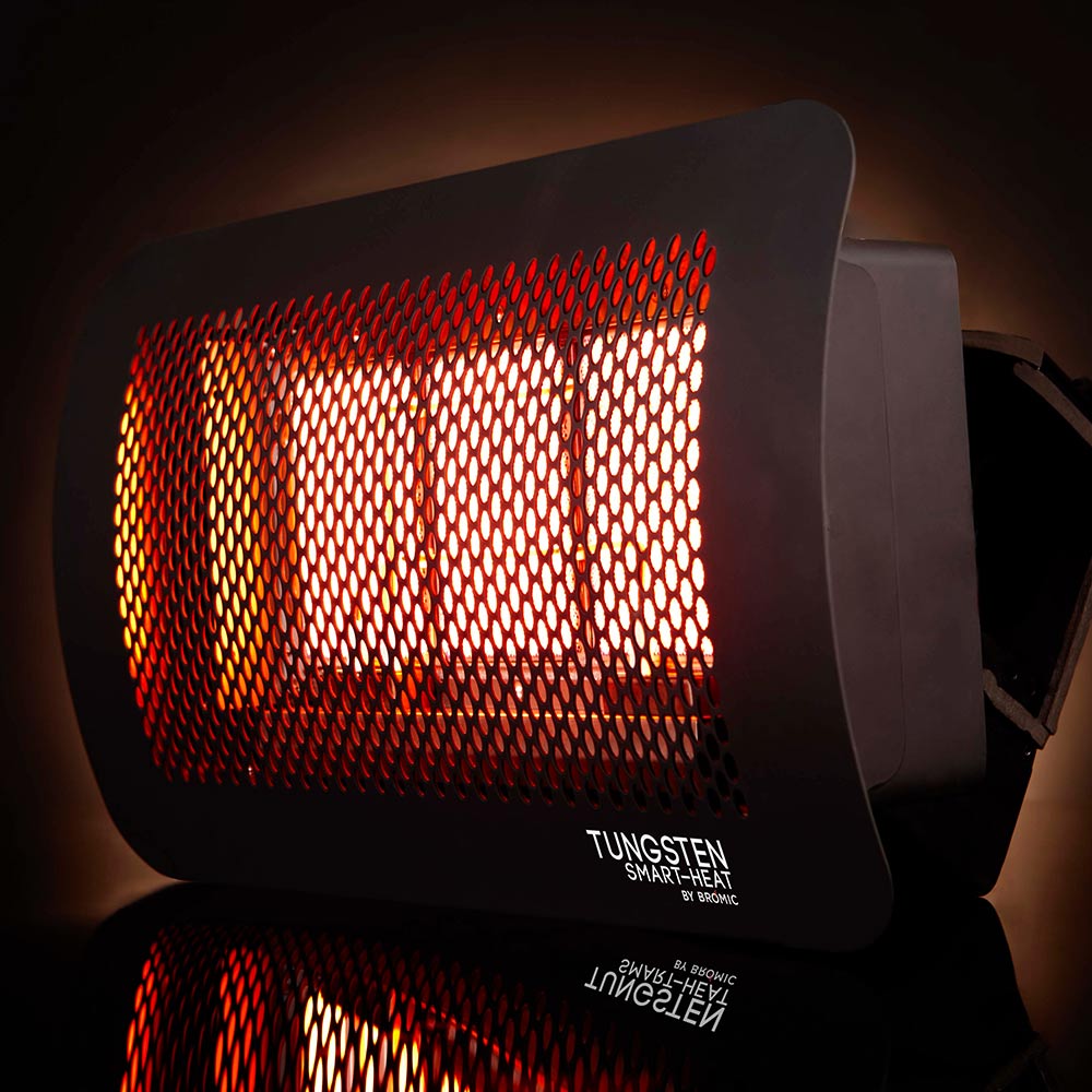 Radiant heater with glowing burner panels visible through mesh grille