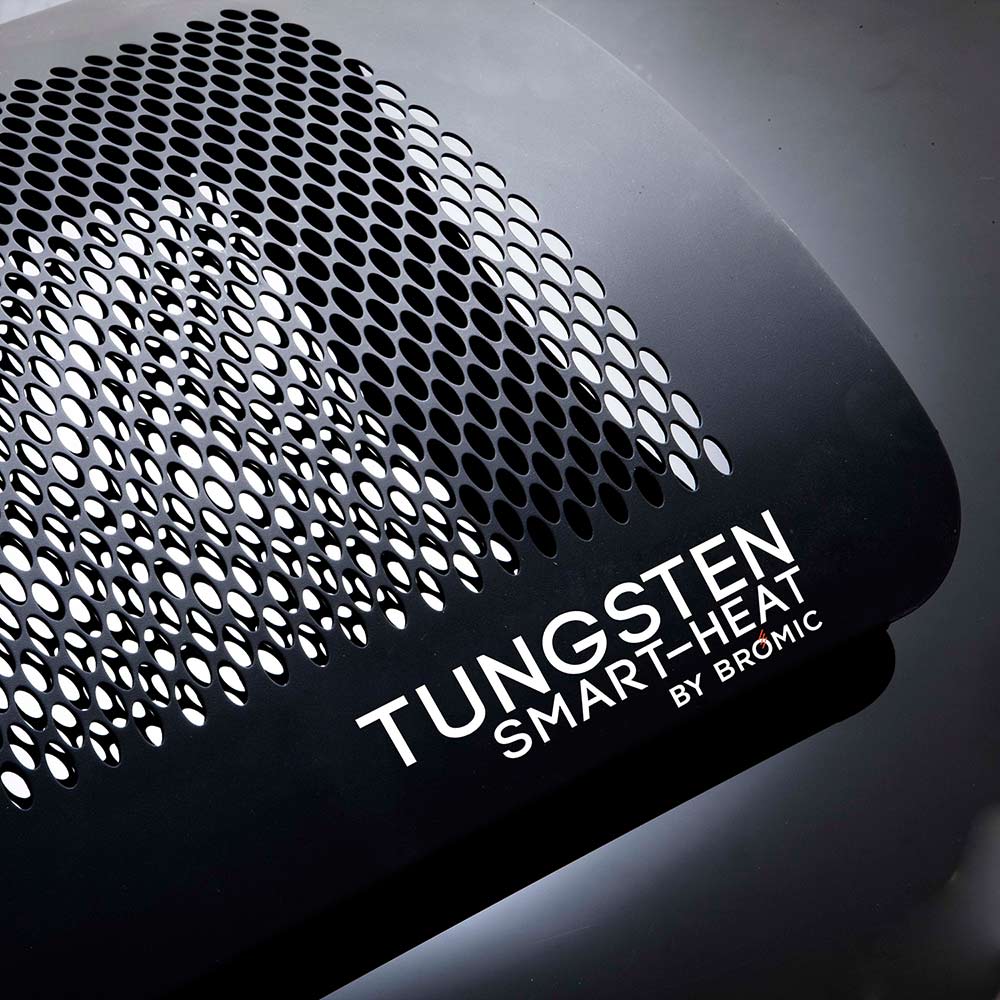 Tungsten Smart-Heat heater front panel with perforated grille on dark housing