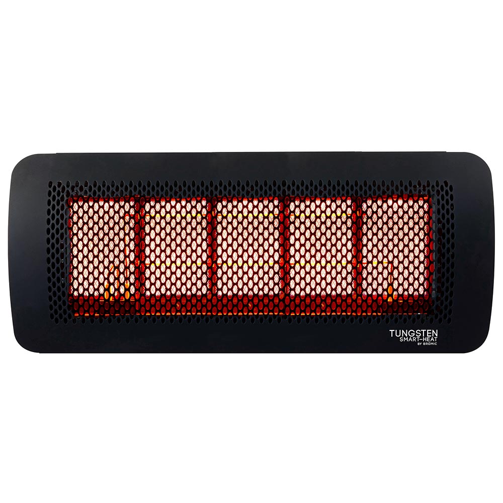Radiant gas heater with black housing and glowing red burner grid