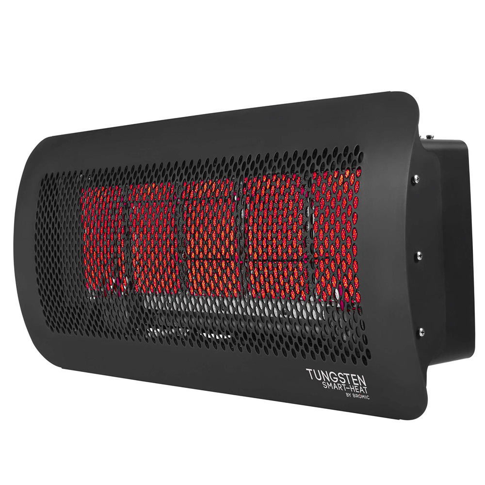 Radiant gas heater side view with black housing and glowing red burner array