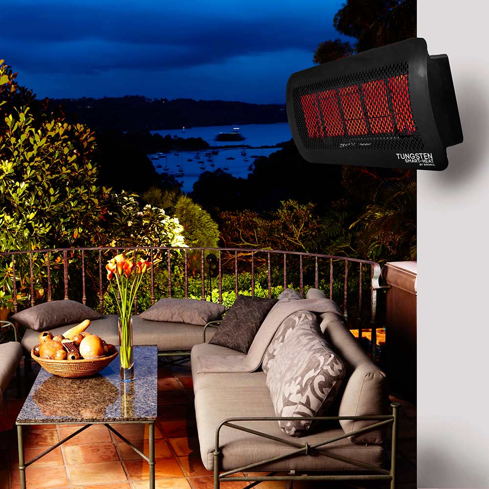 Outdoor radiant gas heater mounted on wall with glowing red burner panel