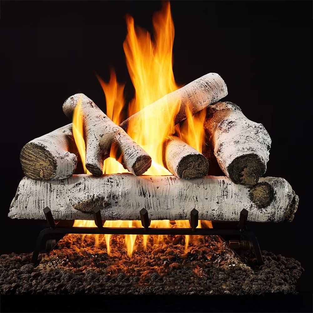 Indoor gas log set with birch-style logs and visible flames