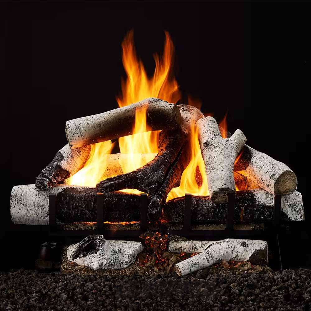 Vented gas log set with glowing flames and faux birch logs, two-tier